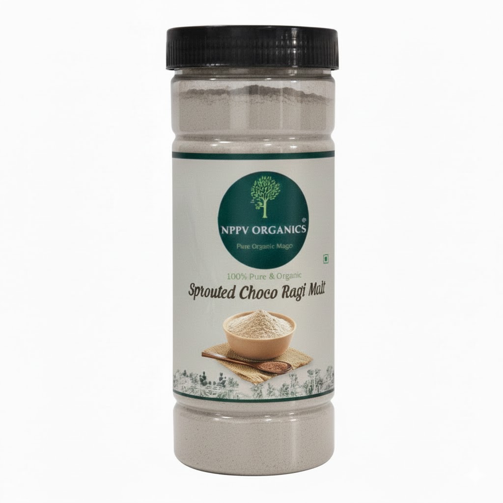 NPPV Organics Sprouted Choco Ragi Malt – 500g | Healthy Organic Drink Mix with Sprouted Ragi & Natural Cocoa
